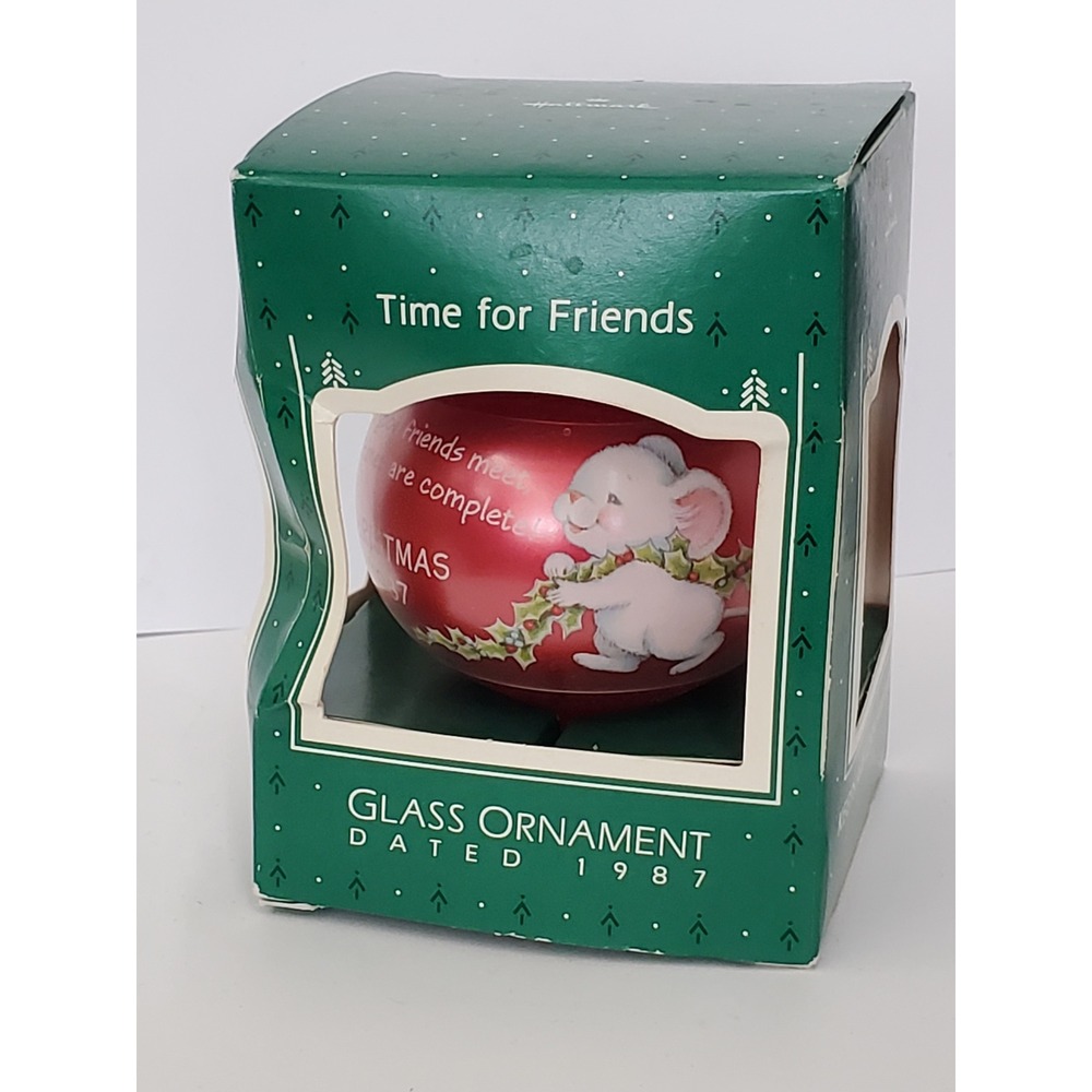 1987 Hallmark Keepsake Glass Ornament Time for Friends Mouse Red Teardrop QX2807